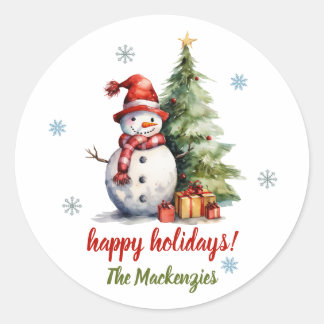 Schneemann Weihnachtsbaum Schneeflocken Frohe Feie Runder Aufkleber
