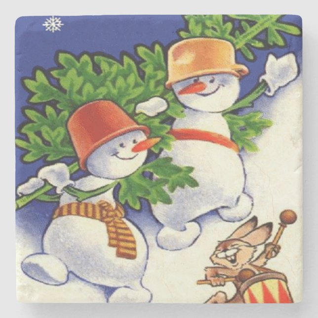 Schneemann-Weihnachtsbaum-Trommelkaninchen Steinuntersetzer (Vorderseite)