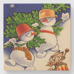 Schneemann-Weihnachtsbaum-trommelnder Hase Steinuntersetzer
