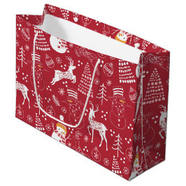 Schneemann, Weihnachtsbaum und Rehe, Winter Rot Große Geschenktüte
