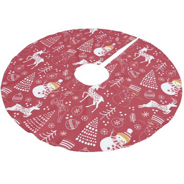 Schneemann, Weihnachtsbaum und Rehe, Winter Rot Polyester Weihnachtsbaumdecke (Schrägansicht)