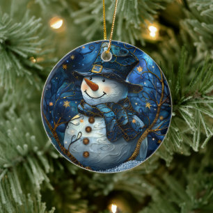 Schneemann-Weihnachtsschmuck Blau Faux-Buntglas Keramik Ornament
