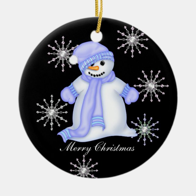 Schneemann-Weihnachtsschneeflocken Keramikornament (Vorne)