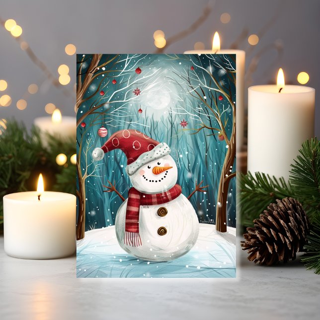 Schneemann-Zauber im Mondlicht im verzauberten Win Karte (Snowman in red hat in a winter wonderland. )