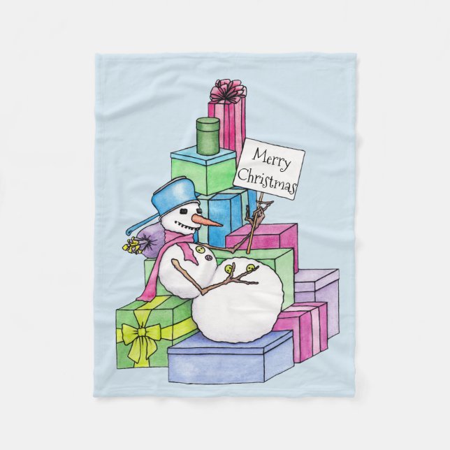 Schneemännchen auf Geschenken Fleecedecke (Vorderseite)
