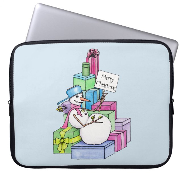Schneemännchen auf Geschenken Laptopschutzhülle (Vorderseite)