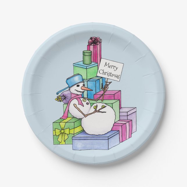 Schneemännchen auf Geschenken Pappteller (Vorderseite)