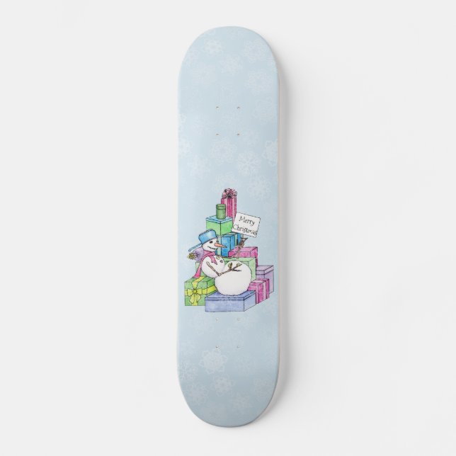 Schneemännchen auf Geschenken Skateboard (Vorderseite)