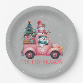 Schneemänner fahren Pink Truck Tree Geschenke Pappteller