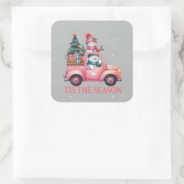 Schneemänner fahren Pink Truck Tree Geschenke Quadratischer Aufkleber (Tasche)