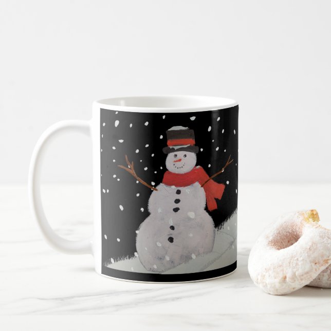 Schneemänner im Nachtschnee. Kaffeetasse (Mit Donut)