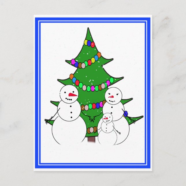 Schneemänner mit Weihnachtsbaumfamilie Feiertagspostkarte (Vorderseite)