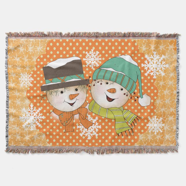 Schneemänner Orange Dots und Schneeflocken Holiday Decke (Vorderseite)