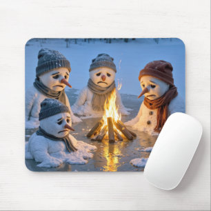 Schneemänner schmelzen um ein Lagerfeuer Mousepad