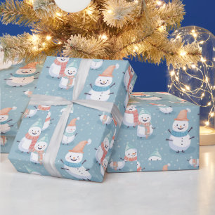 Schneemänner Schneeflocken Blau Moderne Weihnachte Geschenkpapier