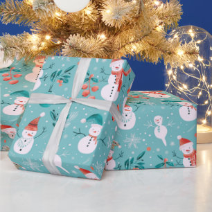 Schneemänner Schneeflocken Stechpalmenblätter Grün Geschenkpapier