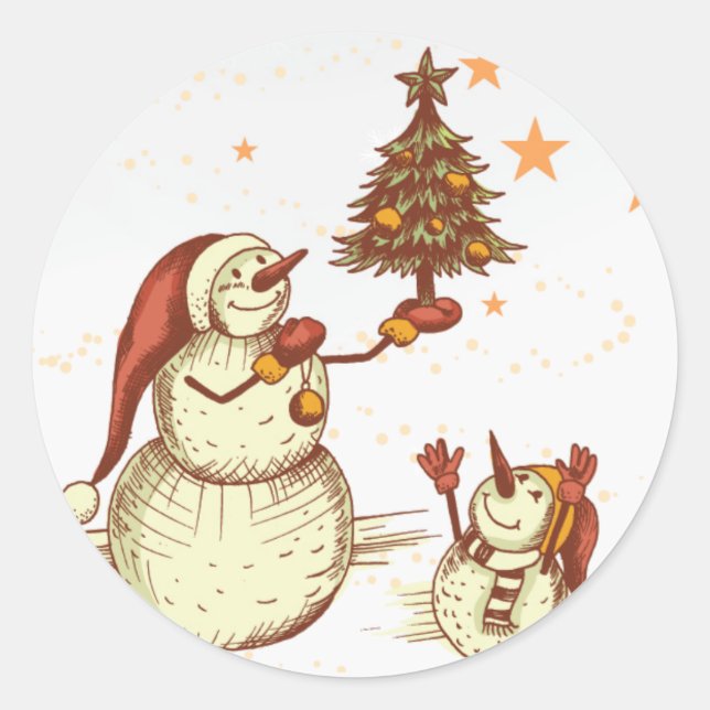 Schneemänner und ihre Weihnachtsbaumklammern Runder Aufkleber (Vorderseite)