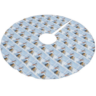 Schneemänner und Katzen in einem schneebedeckten F Polyester Weihnachtsbaumdecke