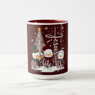 Schneemänner und Lichtbaum mit dem Namen Jesus Tasse