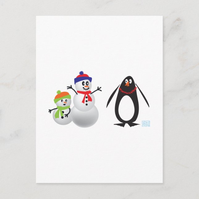 Schneemänner und Pinguin Postkarte (Vorderseite)