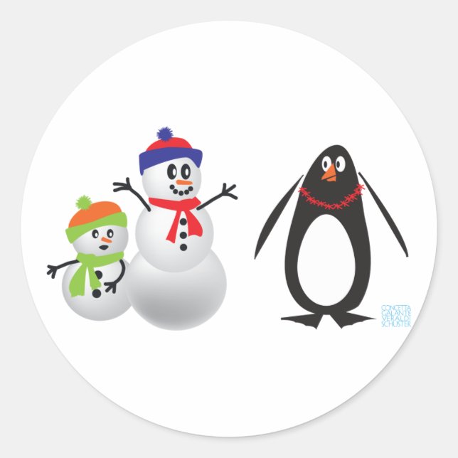 Schneemänner und Pinguin Runder Aufkleber (Vorderseite)