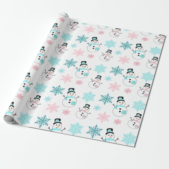 Schneemänner und Schneeflocken Aquamarin und rosa Geschenkpapier (Ungerollt)