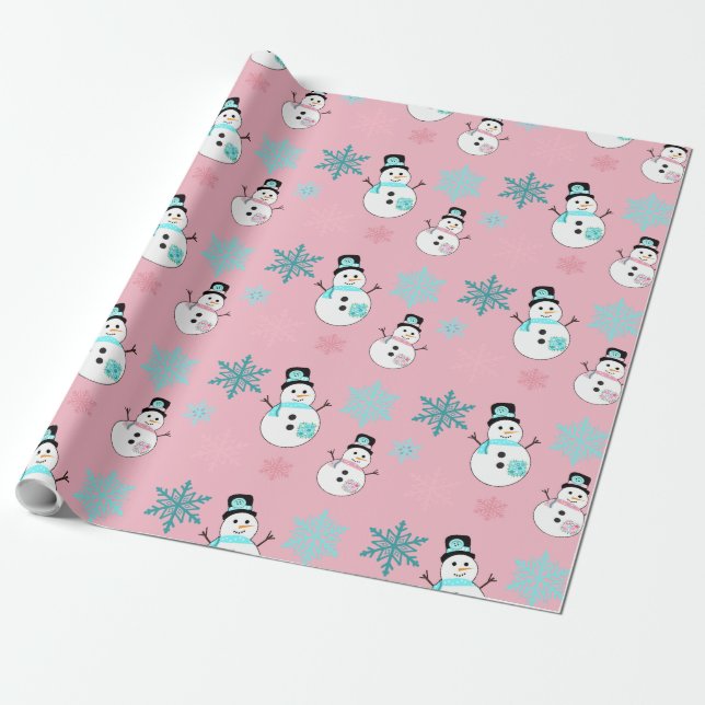 Schneemänner und Schneeflocken Aquamarin und rosa Geschenkpapier (Ungerollt)
