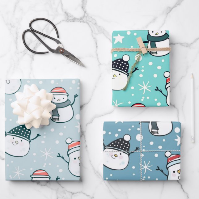 Schneemänner und Schneeflocken Weihnachten Geschenkpapier Set (Vorderseite)