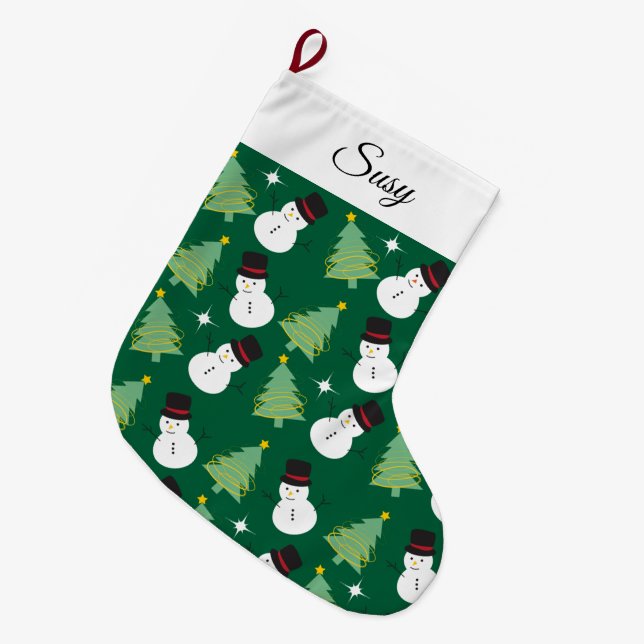 Schneemänner und Weihnachtsbaummuster Großer Weihnachtsstrumpf (Vorderansicht (hängend))