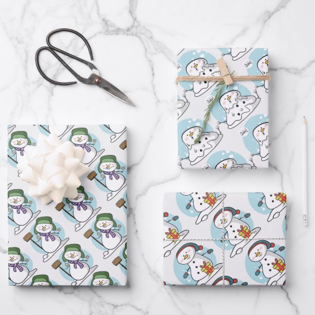 Schneemänner Weihnachtswrapping Paper Sheets Geschenkpapier Set (Vorderseite)
