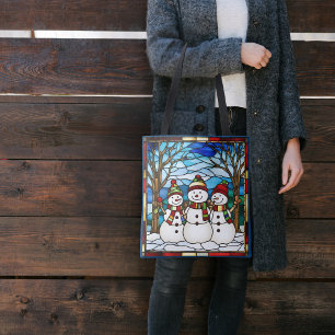 Schneemannfamilie Faux-Buntglas Tasche