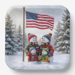 Schneemannfamilie unter einer amerikanischen Flagg Pappteller
