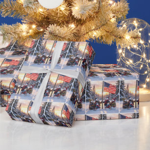 Schneemannfamilie versammelt sich um einen Fahnenm Geschenkpapier