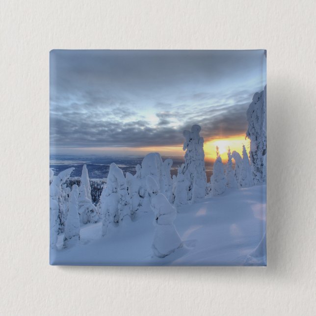 Schneemassen bei Sonnenuntergang im Pfahlfisch-Geb Button (Vorderseite)