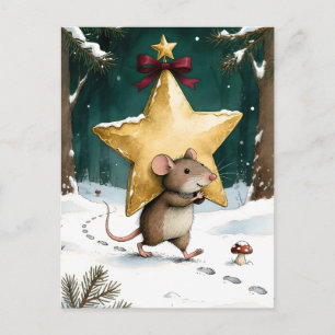 Schneemaus mit Weihnachtsstern Kunst Postkarte