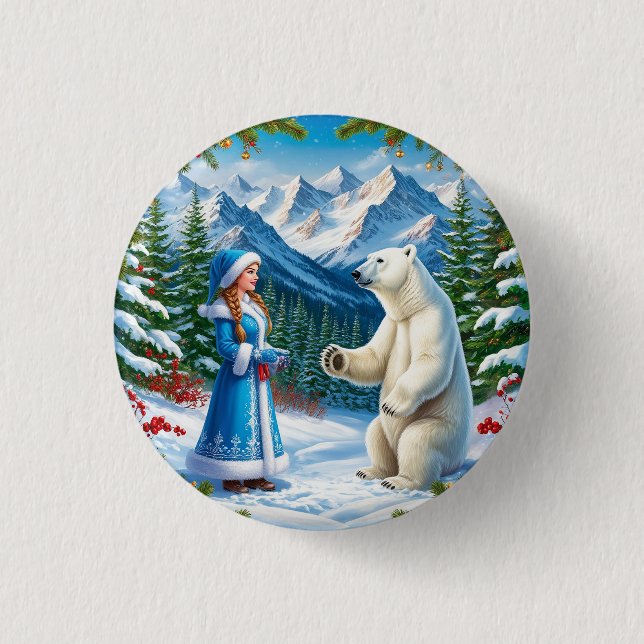 Schneemeister mit festlicher Dekoration und Eisbär Button (Vorderseite)