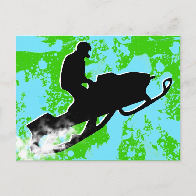 Schneemobil. Pulverschnee. Postkarte (Vorderseite)