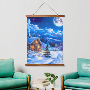 Schneemondnacht im Weihnachtshaus Wandteppich Mit Holzrahmen