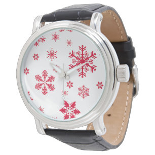 Schneemuster, rote Schneeflocken, Schnee, Weiß Armbanduhr