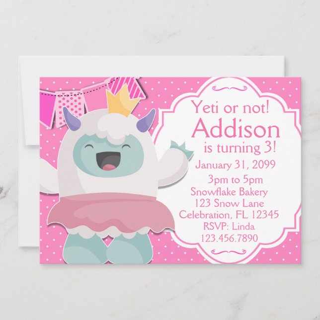 Schneeprinzessin Yeti Girls Geburtstag Einladung (Vorderseite)