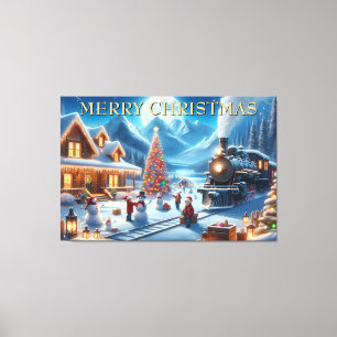 Schneereiche Winternacht mit Weihnachtszug und Sch Leinwanddruck