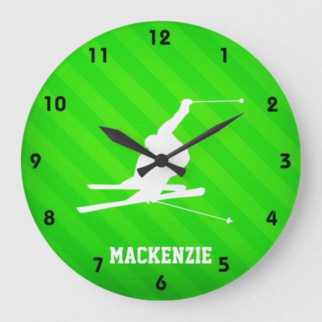 Schneeschlitten; Neon grüne Streifen Große Wanduhr (Vorderseite)