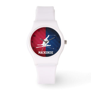 Schneeschlitten; Rot, Weiß und Blau Armbanduhr