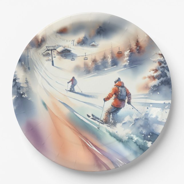 Schneeschuhfahrer im Wasser Pappteller (Vorderseite)