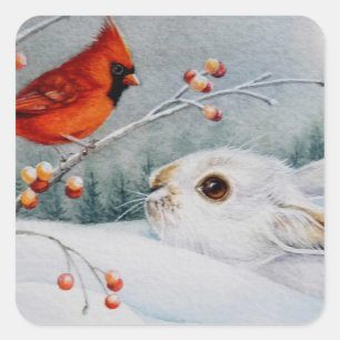 Schneeschuhrabbit und Roter Kardinal Bird - Farbe Quadratischer Aufkleber