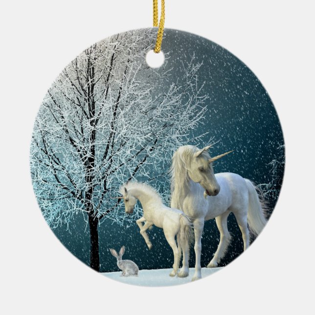 Schneeschuhwandern in Einhorn und Fohlen Keramik Ornament (Vorne)