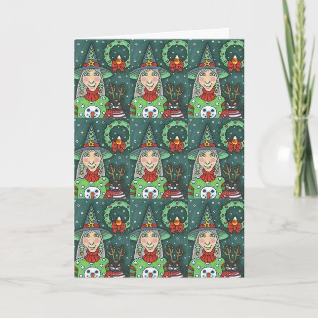 SCHNEESCHWÄTER, SCHWARZE CAT XMAS HALLOWEG KARTE (Vorderseite)