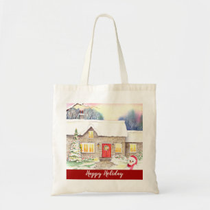 Schneesichere Hütte Wasserfarben Bilder glücklic Tragetasche