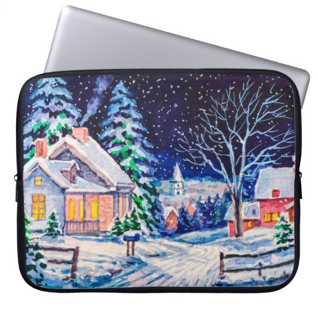 Schneesichere Winterlandschaft. Landhaus. Weihnach Laptopschutzhülle (Vorderseite)