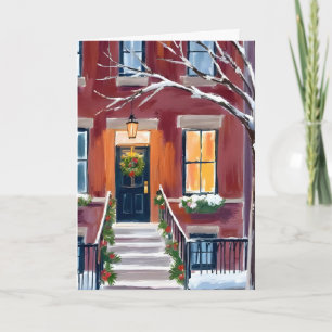 Schneestadt Treppe   Weihnachten Winter Aquarell Karte